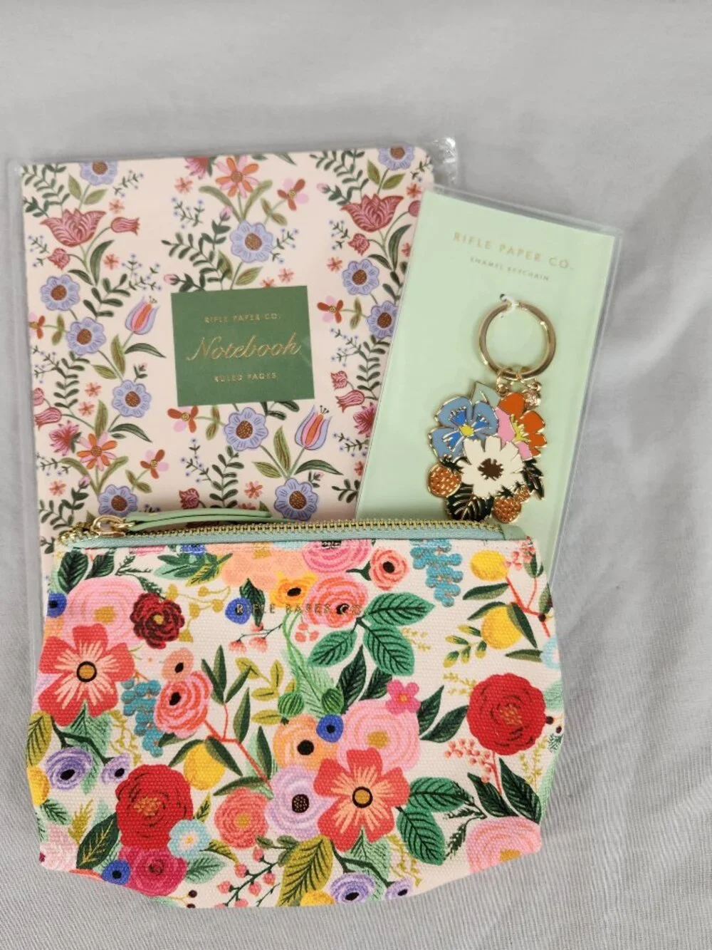 New Rifle Paper Company Lot 2 Notebooks ZIpper Pouch Keychain Floral Garden